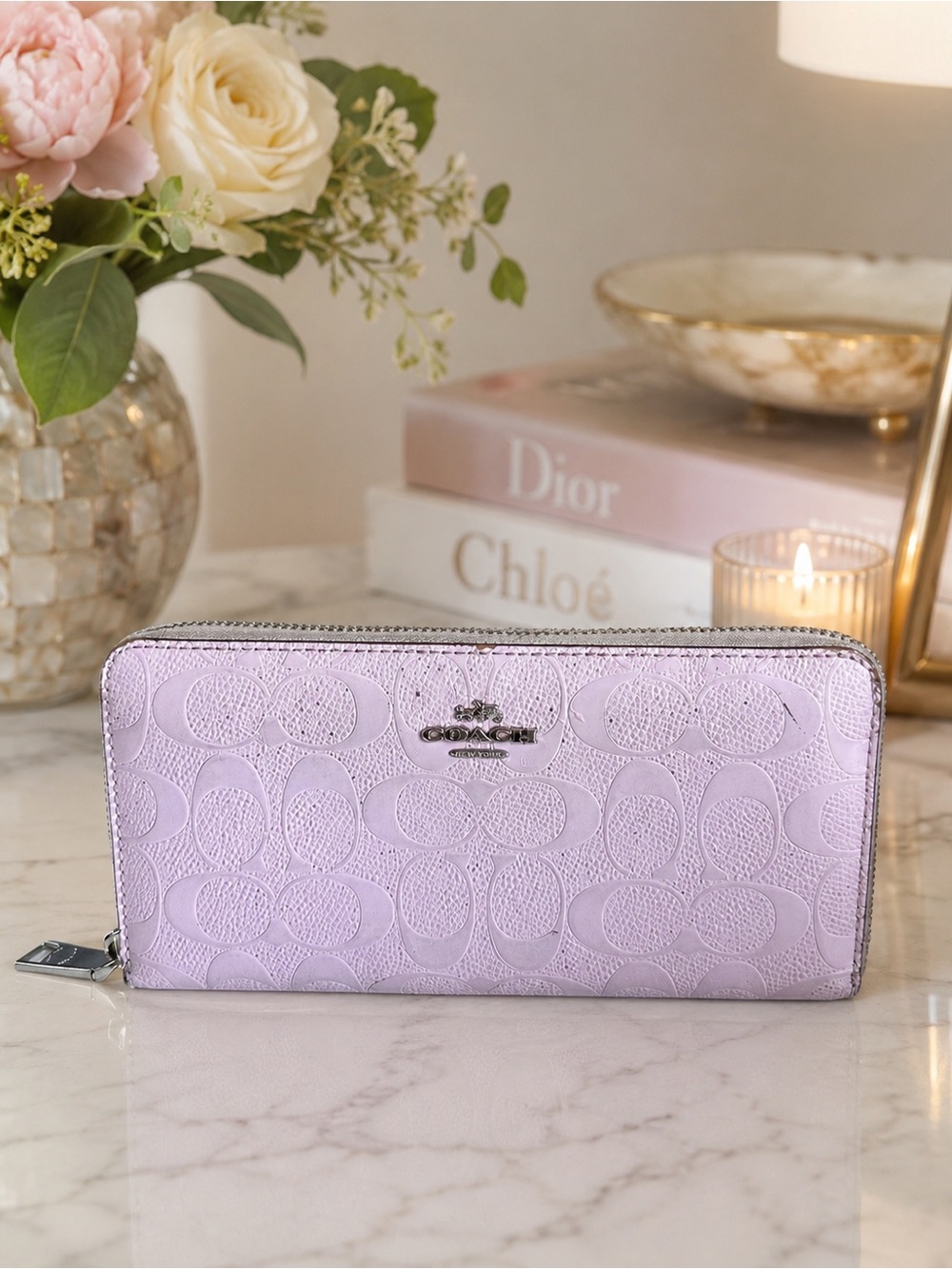 Coach Blush Pink Signature Embossed Leather Zip Around Wallet Fair Condition